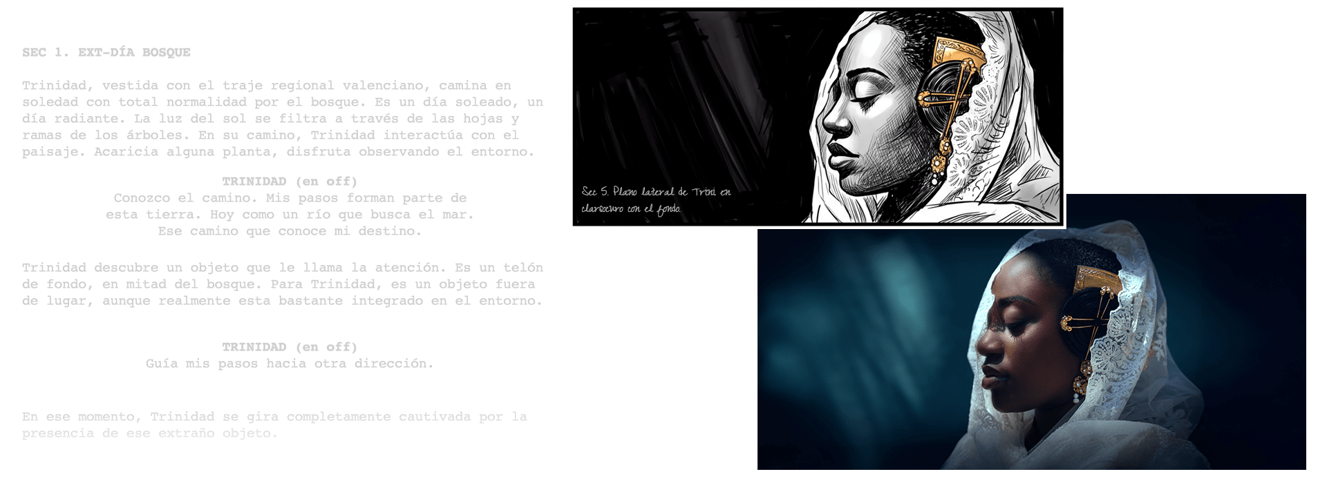 Guion cinematográfico y storyboard de THE BACKDROP junto a su fotograma final