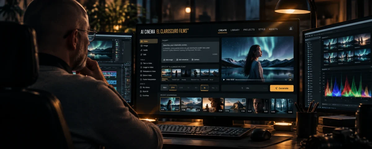 Director de EL CLAROSCURO FILMS trabajando con una interfaz de inteligencia artificial aplicada a la producción cinematográfica.