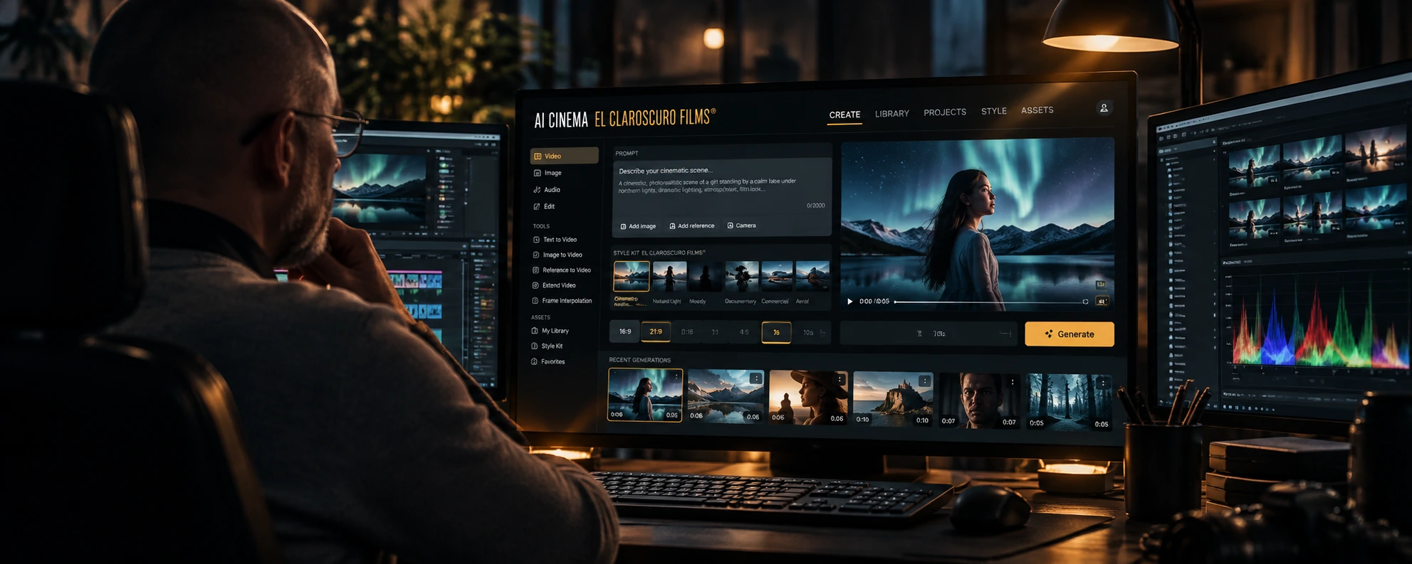 Director de EL CLAROSCURO FILMS trabajando con una interfaz de inteligencia artificial aplicada a la producción cinematográfica.