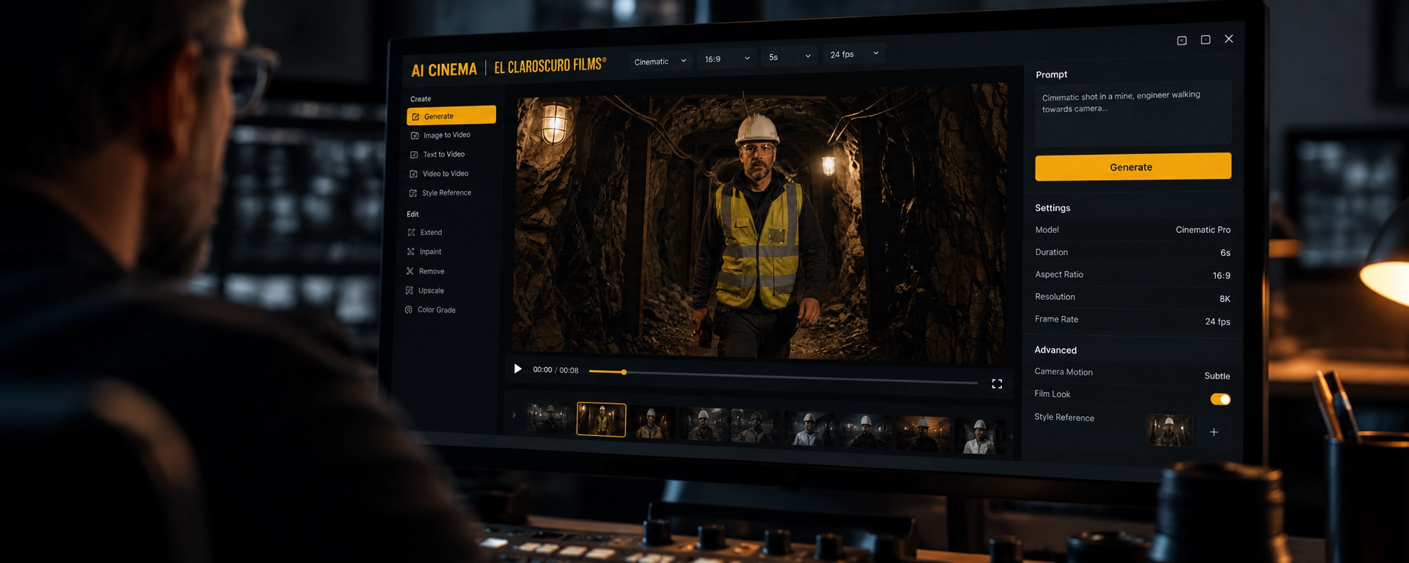 Director de EL CLAROSCURO FILMS trabajando con una interfaz de inteligencia artificial para producción cinematográfica.
