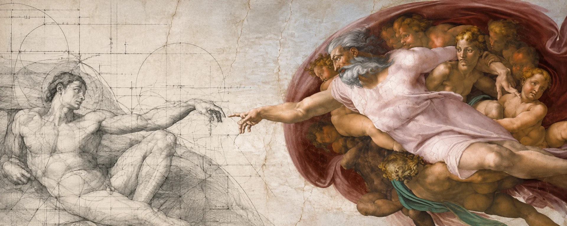 La Creación de Adán reinterpretada desde el arte clásico hacia un boceto técnico, simbolizando la evolución hacia la inteligencia artificial.