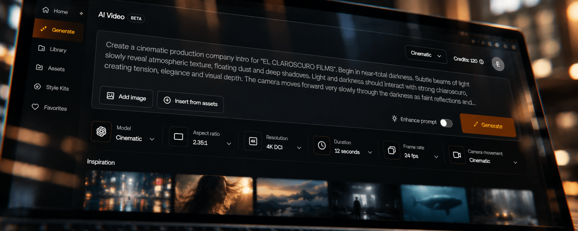 Interfaz de generación de vídeo con inteligencia artificial usada por EL CLAROSCURO FILMS en producción cinematográfica