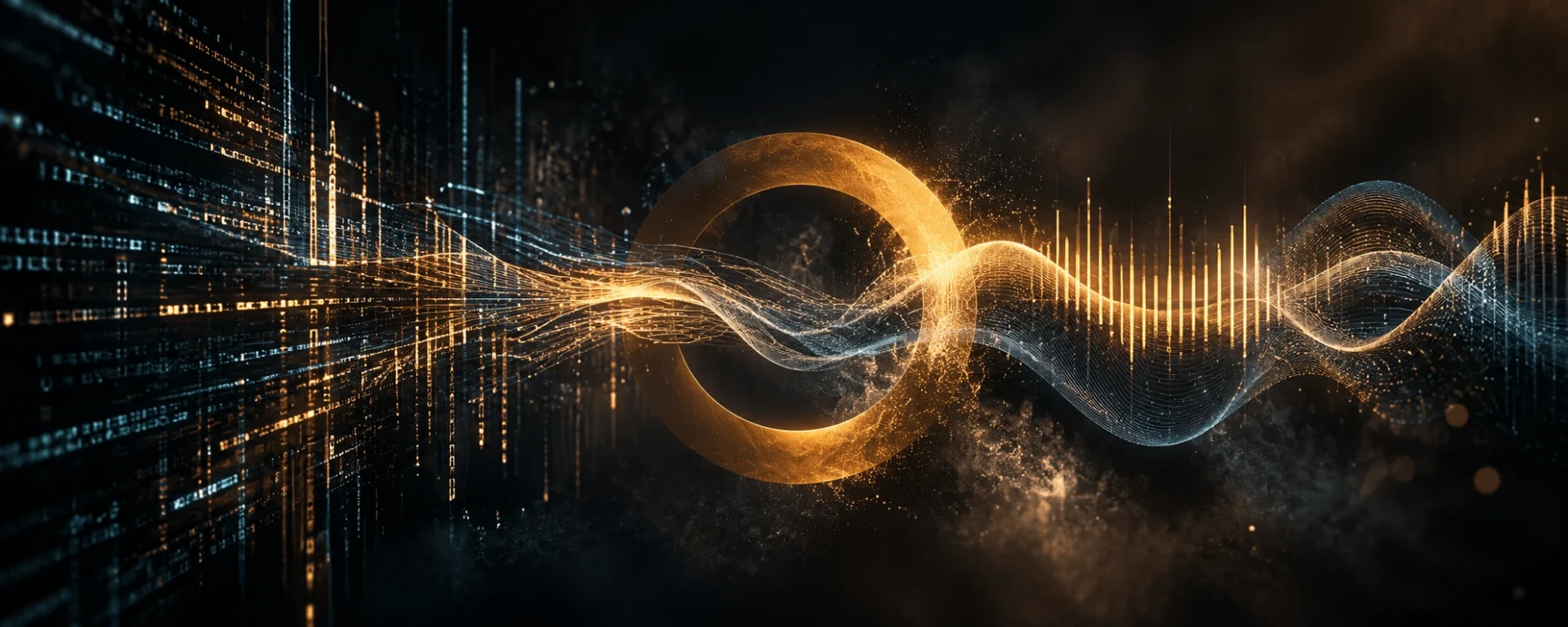 Representación conceptual de inteligencia artificial aplicada a voz y música con el isotipo de EL CLAROSCURO FILMS.